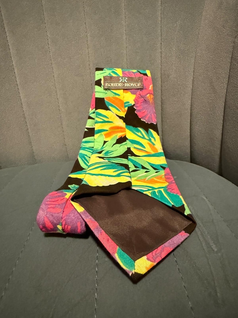 Rohde-Royce Tropical Floral Silk Tie in Black with Green, Yellow & Pink